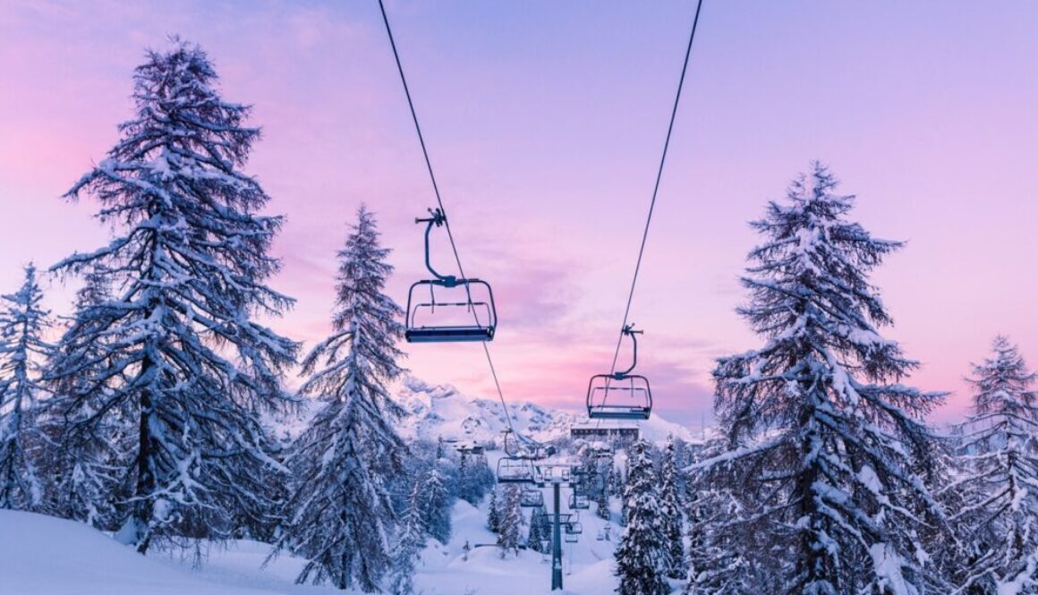 sunset over a chair lift, pink sky
